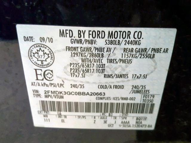 2FMDK3GC0BBA20663 - 2011 FORD EDGE SE BLUE photo 10