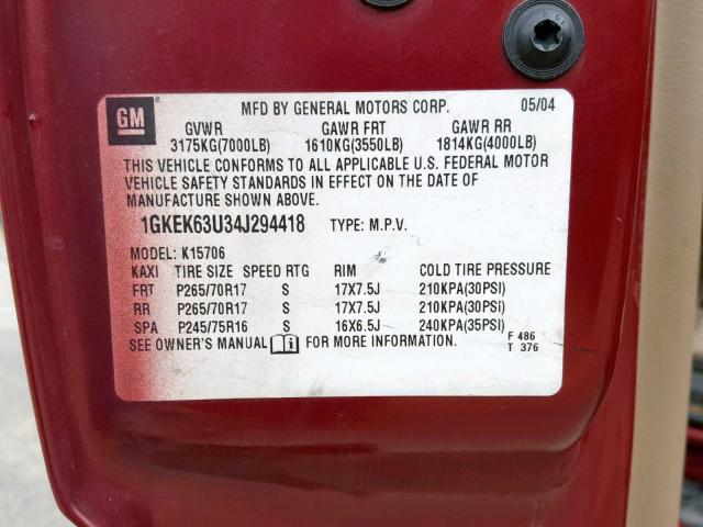 1GKEK63U34J294418 - 2004 GMC YUKON DENA RED photo 10