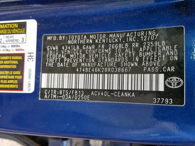 4T4BE46K28R038667 - 2008 TOYOTA CAMRY CE BLUE photo 10