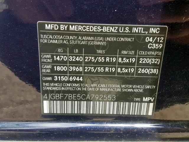 4JGBF7BE5CA792553 - 2012 MERCEDES-BENZ GL 450 4MA BLUE photo 10