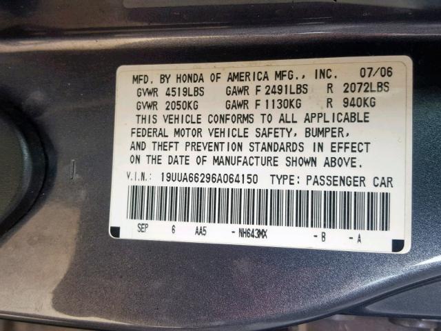 19UUA66296A064150 - 2006 ACURA 3.2TL GRAY photo 10