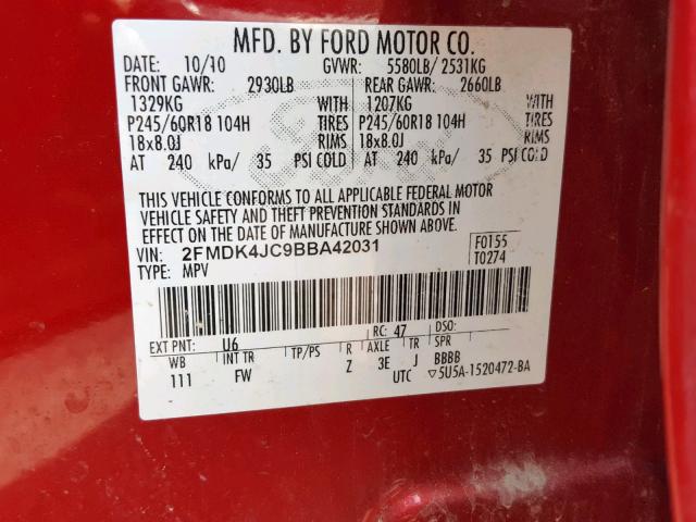 2FMDK4JC9BBA42031 - 2011 FORD EDGE SEL RED photo 10