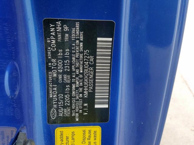 KMHHU6KH2BU047275 - 2011 HYUNDAI GENESIS CO BLUE photo 10