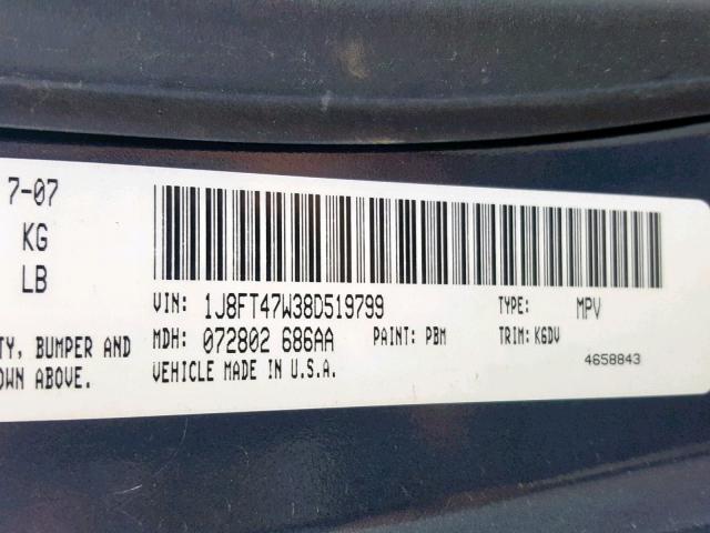 1J8FT47W38D519799 - 2008 JEEP COMPASS SP 石墨色 照片 10