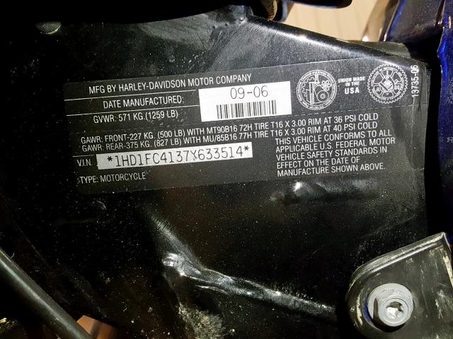 1HD1FC4137Y633514 - 2007 HARLEY-DAVIDSON FLHTCUI BLUE photo 10