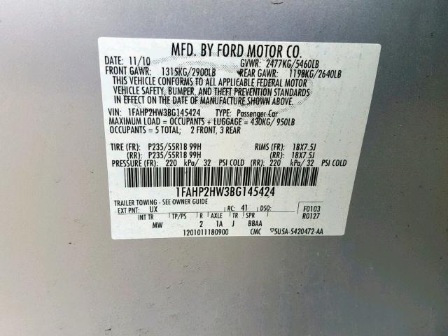 1FAHP2HW3BG145424 - 2011 FORD TAURUS SEL SILVER photo 10