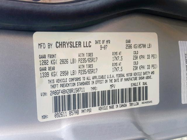 2A8GF48X28R150711 - 2008 CHRYSLER PACIFICA L SILVER photo 10