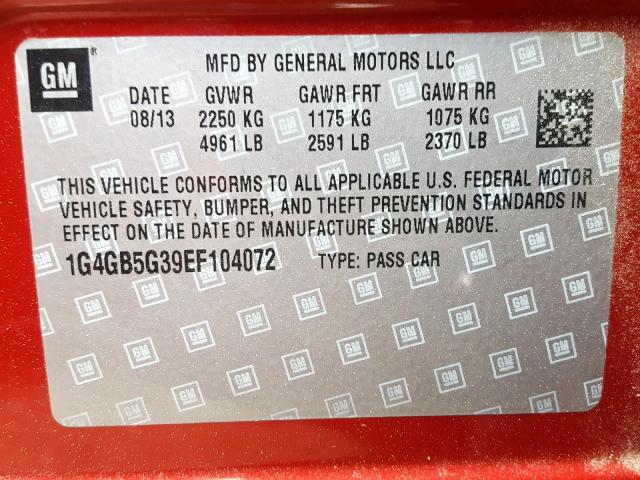 1G4GB5G39EF104072 - 2014 BUICK LACROSSE RED photo 10