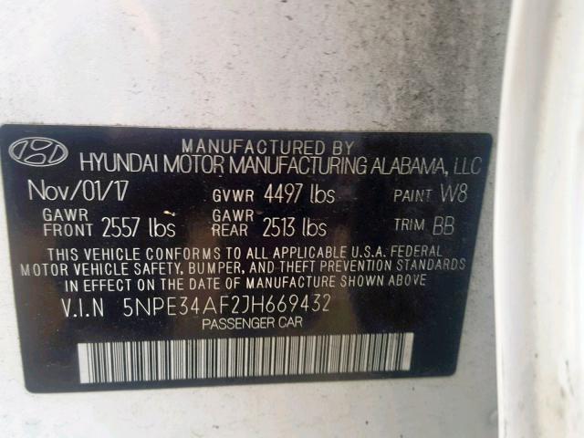 5NPE34AF2JH669432 - 2018 HYUNDAI SONATA SPO WHITE photo 10