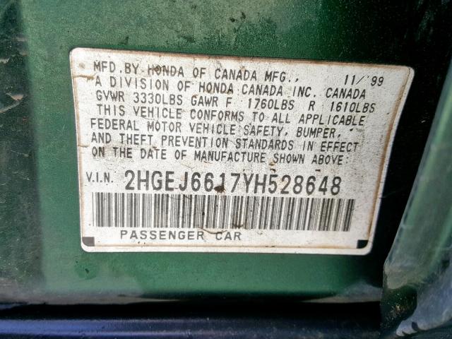 2HGEJ6617YH528648 - 2000 HONDA CIVIC BASE Yaşıl foto 10