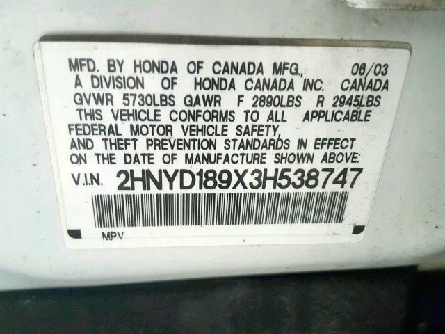 2HNYD189X3H538747 - 2003 ACURA MDX TOURIN WHITE photo 10