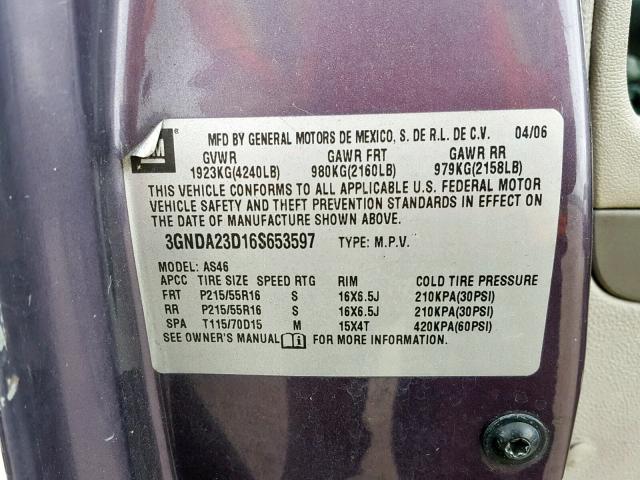 3GNDA23D16S653597 - 2006 CHEVROLET HHR LT PURPLE photo 10