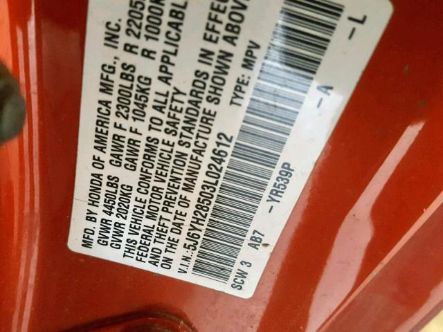 5J6YH28503L024612 - 2003 HONDA ELEMENT EX ORANGE photo 10