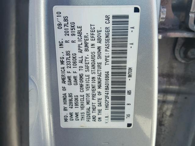 1HGCP2F41BA016964 - 2011 HONDA ACCORD LXP SILVER photo 10