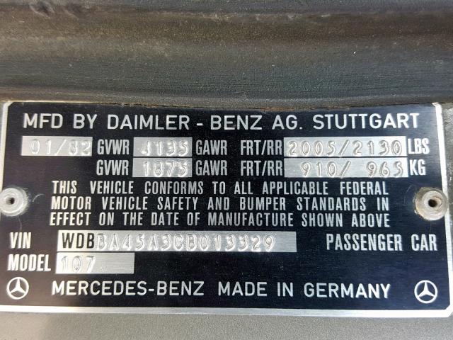 WDBBA45A3CB013329 - 1982 MERCEDES-BENZ 380 SL GRAY photo 10