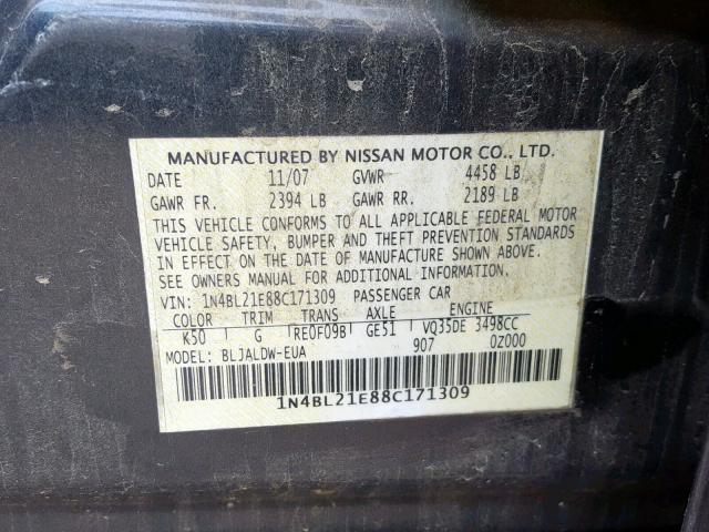 1N4BL21E88C171309 - 2008 NISSAN ALTIMA 3.5 GRAY photo 10