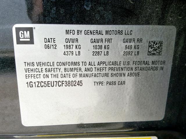 1G1ZC5EU7CF380245 - 2012 CHEVROLET MALIBU 1LT 黑色 照片 10