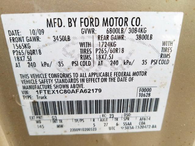 1FTEX1C80AFA62179 - 2010 FORD F150 SUPER CAB  photo 10