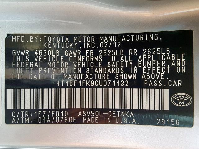 4T1BF1FK9CU071132 - 2012 TOYOTA CAMRY BASE SILVER photo 10