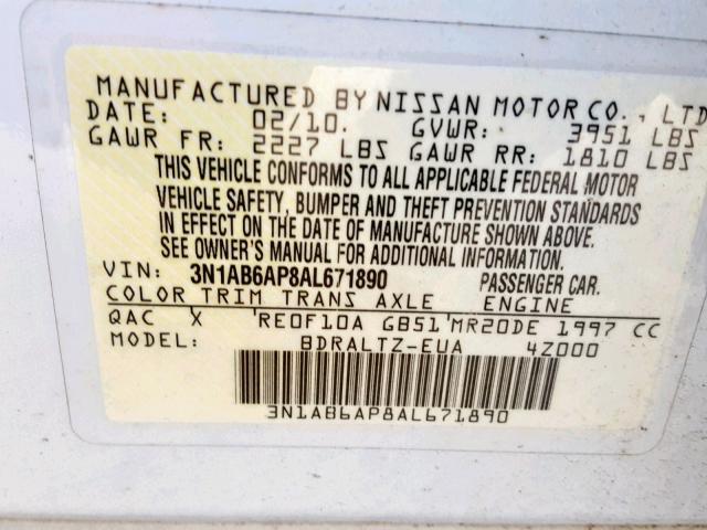 3N1AB6AP8AL671890 - 2010 NISSAN SENTRA 2.0 WHITE photo 10