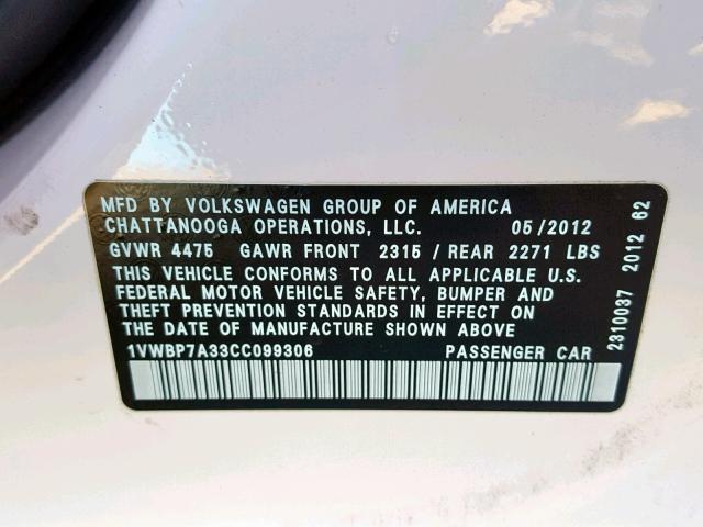 1VWBP7A33CC099306 - 2012 VOLKSWAGEN PASSAT SE WHITE photo 10