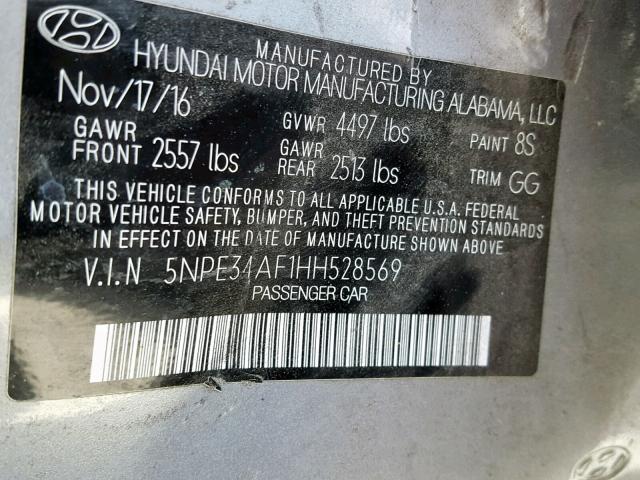 5NPE34AF1HH528569 - 2017 HYUNDAI SONATA SPO GRAY photo 10