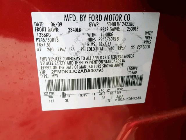 2FMDK3JC2ABA00793 - 2010 FORD EDGE SEL RED photo 10