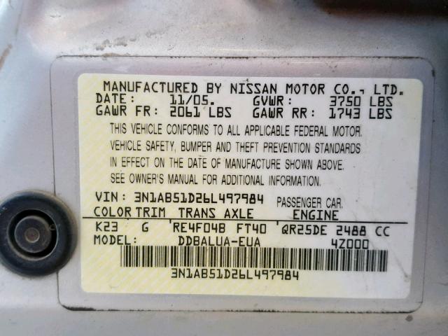 3N1AB51D26L497984 - 2006 NISSAN SENTRA SE- SILVER photo 10