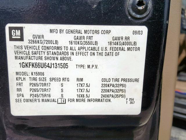 1GKFK66U64J131505 - 2004 GMC YUKON XL D GRAY photo 10