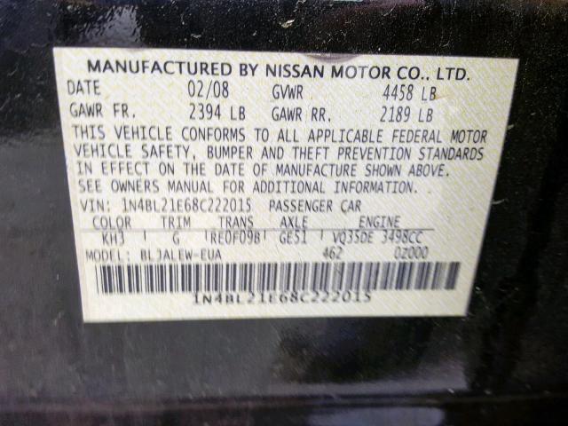 1N4BL21E68C222015 - 2008 NISSAN ALTIMA 3.5 BLACK photo 10