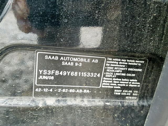 YS3FB49Y681153324 - 2008 SAAB 9-3 2.0T BLACK photo 10