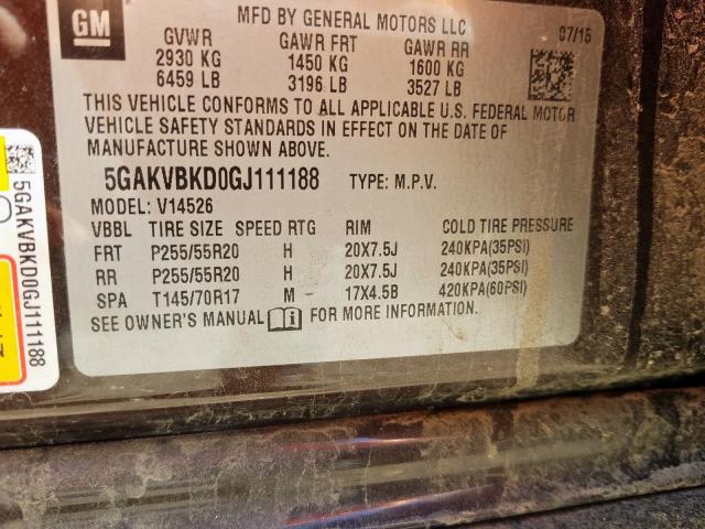 5GAKVBKD0GJ111188 - 2016 BUICK ENCLAVE  photo 10