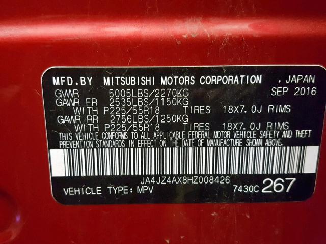 JA4JZ4AX8HZ008426 - 2017 MITSUBISHI OUTLANDER RED photo 10