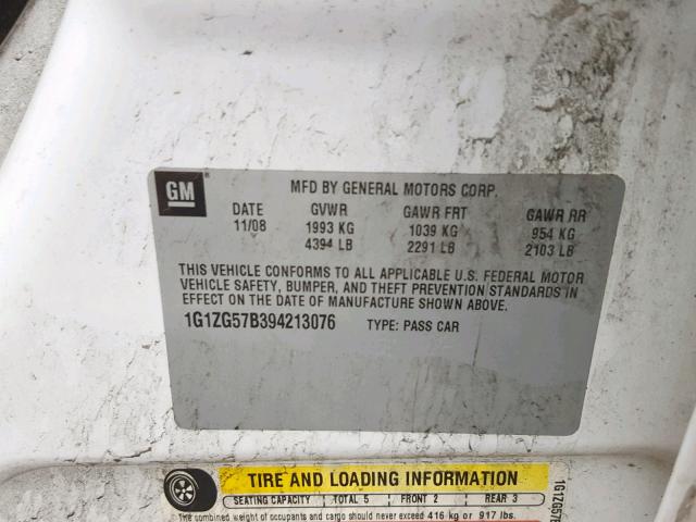 1G1ZG57B394213076 - 2009 CHEVROLET MALIBU LS WHITE photo 10