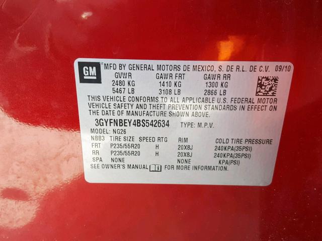 3GYFNBEY4BS542634 - 2011 CADILLAC SRX PERFOR 红色 照片 10