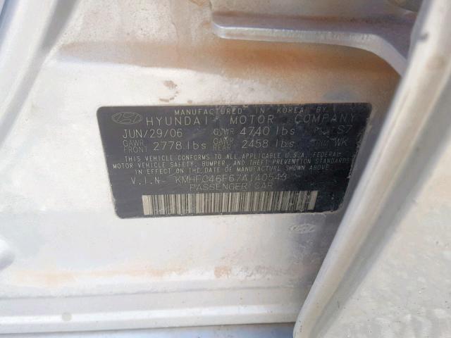 KMHFC46F67A140543 - 2007 HYUNDAI AZERA SE SILVER photo 10