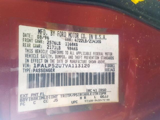 1FALP52U7VA113120 - 1997 FORD TAURUS GL RED photo 10