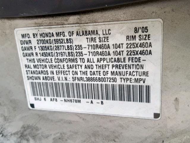 5FNRL38866B007250 - 2006 HONDA ODYSSEY TO SILVER photo 10