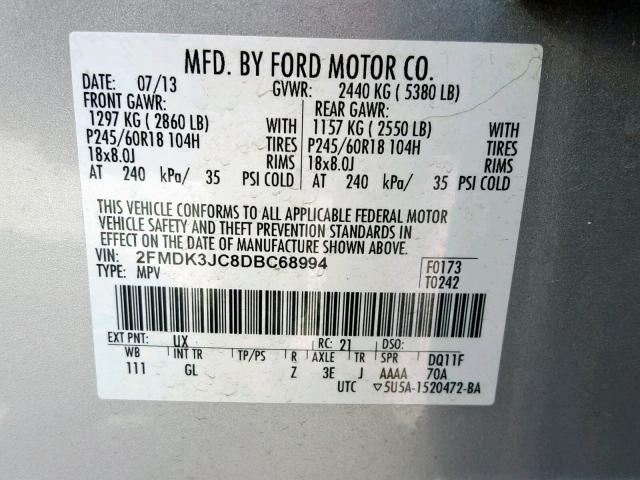 2FMDK3JC8DBC68994 - 2013 FORD EDGE SEL SILVER photo 10