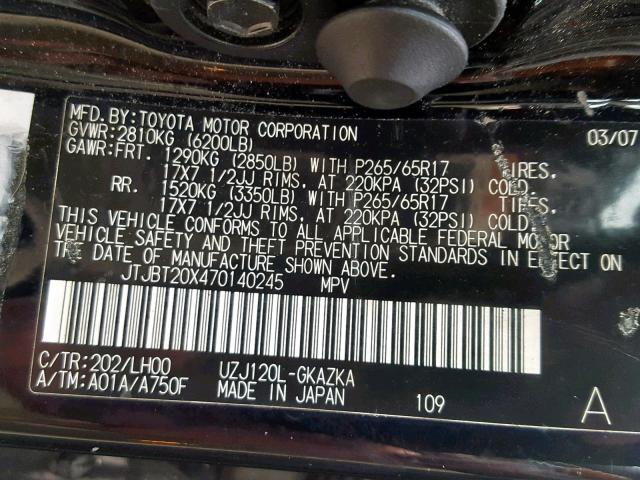 JTJBT20X470140245 - 2007 LEXUS GX 470 BLACK photo 10