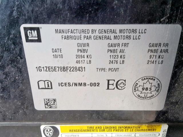 1G1ZE5E78BF228431 - 2011 CHEVROLET MALIBU LTZ შავი ფოტო 10