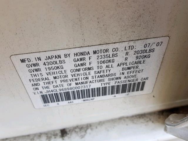 JH4CL96898C007317 - 2008 ACURA TSX WHITE photo 10