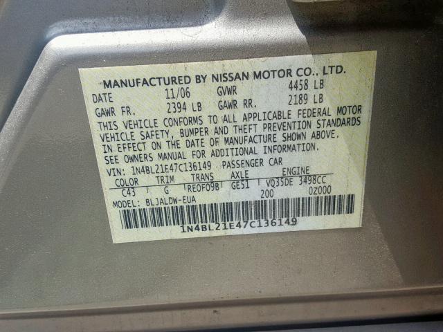 1N4BL21E47C136149 - 2007 NISSAN ALTIMA 3.5 SILVER photo 10