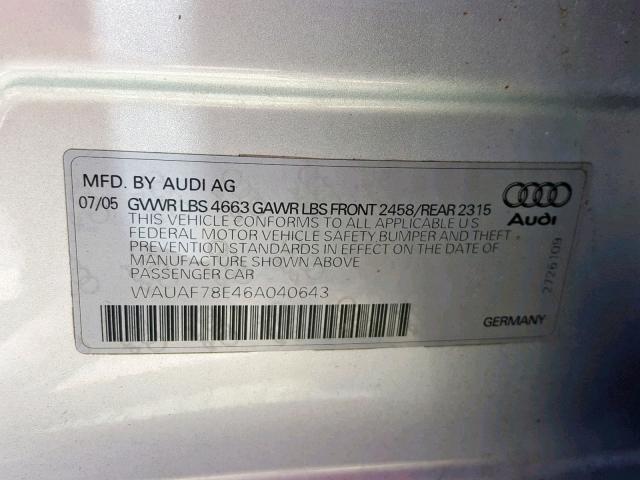 WAUAF78E46A040643 - 2006 AUDI A4 2 SILVER photo 10