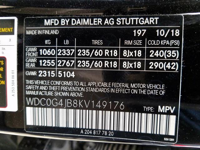 WDC0G4JB8KV149176 - 2019 MERCEDES-BENZ GLC 300  photo 10