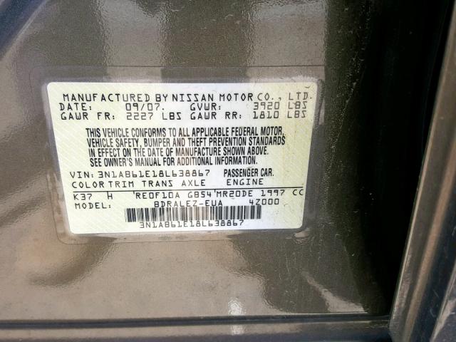 3N1AB61E18L638867 - 2008 NISSAN SENTRA 2.0 CHARCOAL photo 10