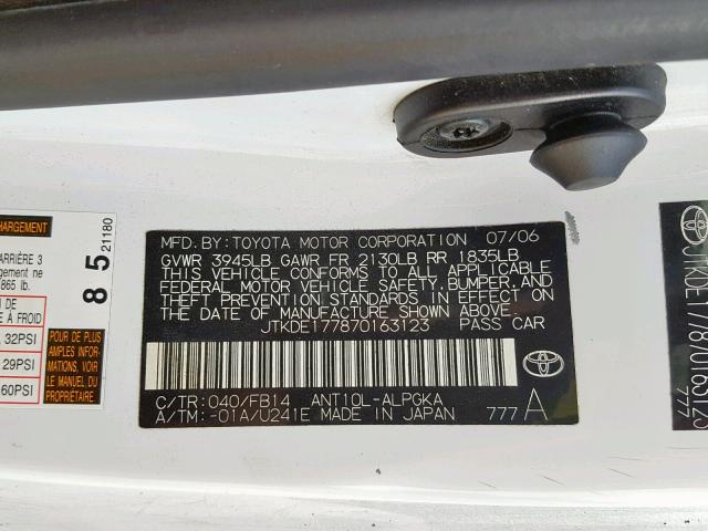 JTKDE177870163123 - 2007 TOYOTA SCION TC WHITE photo 10