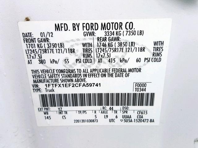 1FTFX1EF2CFA59741 - 2012 FORD F150 SUPER WHITE photo 10