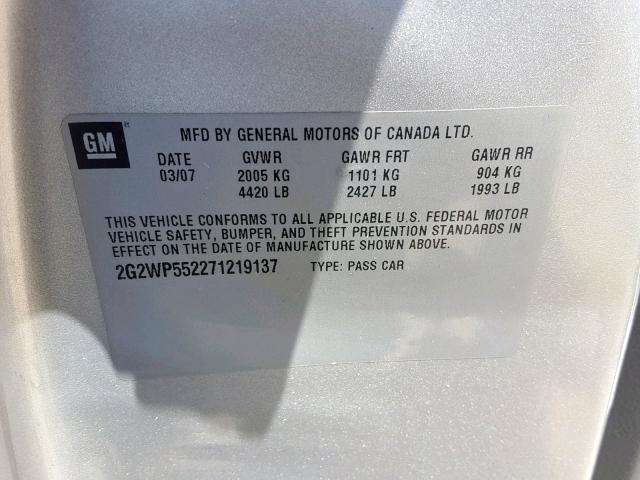 2G2WP552271219137 - 2007 PONTIAC GRAND PRIX 灰色 照片 10