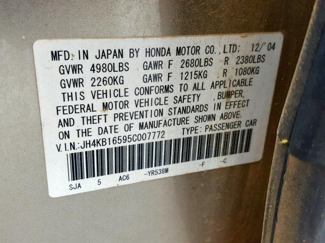 JH4KB16595C007772 - 2005 ACURA RL GOLD photo 10